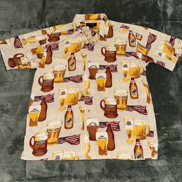 C&B Sport By Croft & Barrow Hawaiian Shirt Men’s Medium Beige Beer USA Flag - Picture 1 of 8